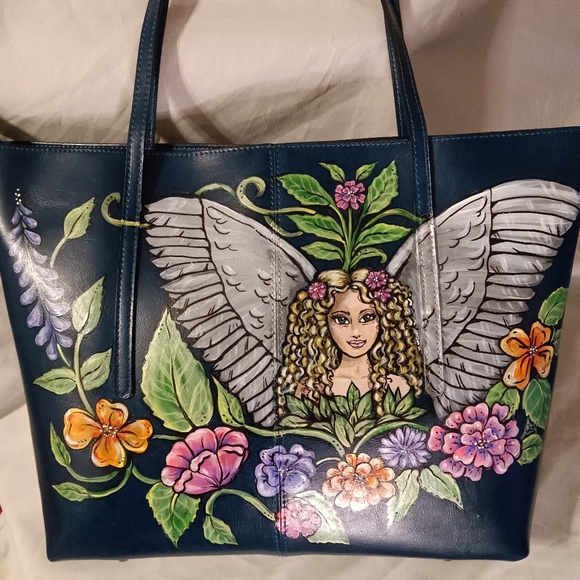 Unique HAND PAINTED Genuine LEATHER Tote Bag *NWT* Teal Blue Angel Fairy flowers - Picture 3 of 12
